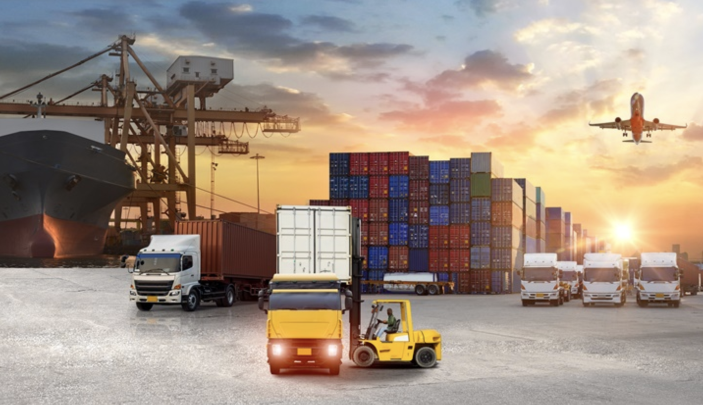 Shipping port with containers and logistics equipment